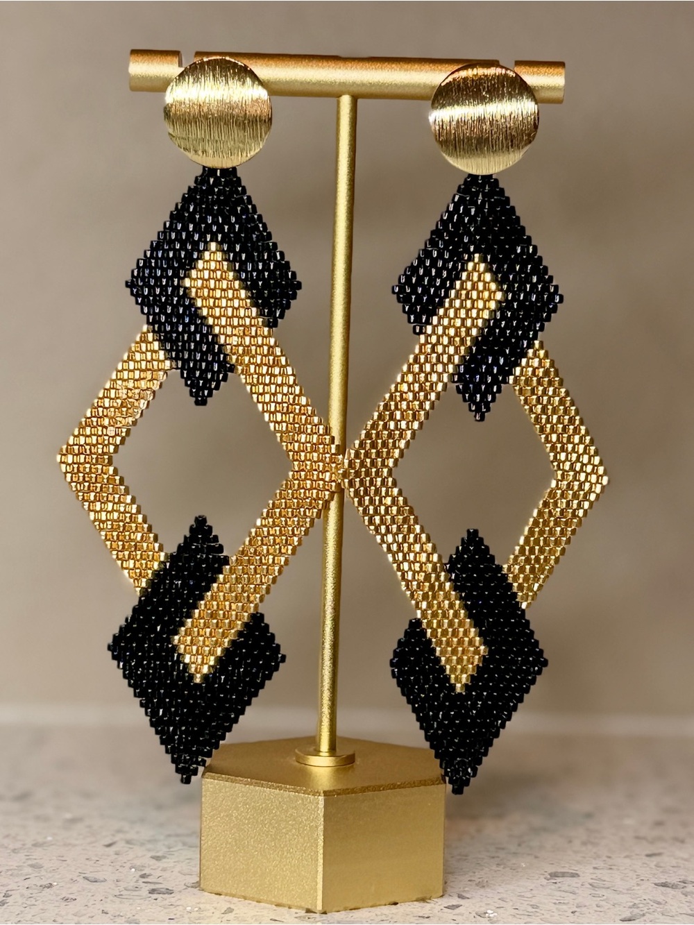 Handmade Art Deco Black Gold Seed Bead Statement Earring - Picture 1 of 5
